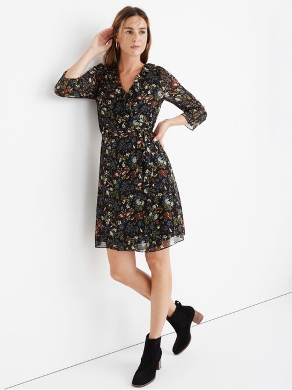 NWT Madewell Finch Floral Sheer-Sleeve Ruffle Wrap Dress Size M